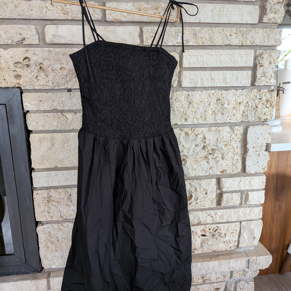 Astr Black Smocked Midi Dress with Spaghetti Straps